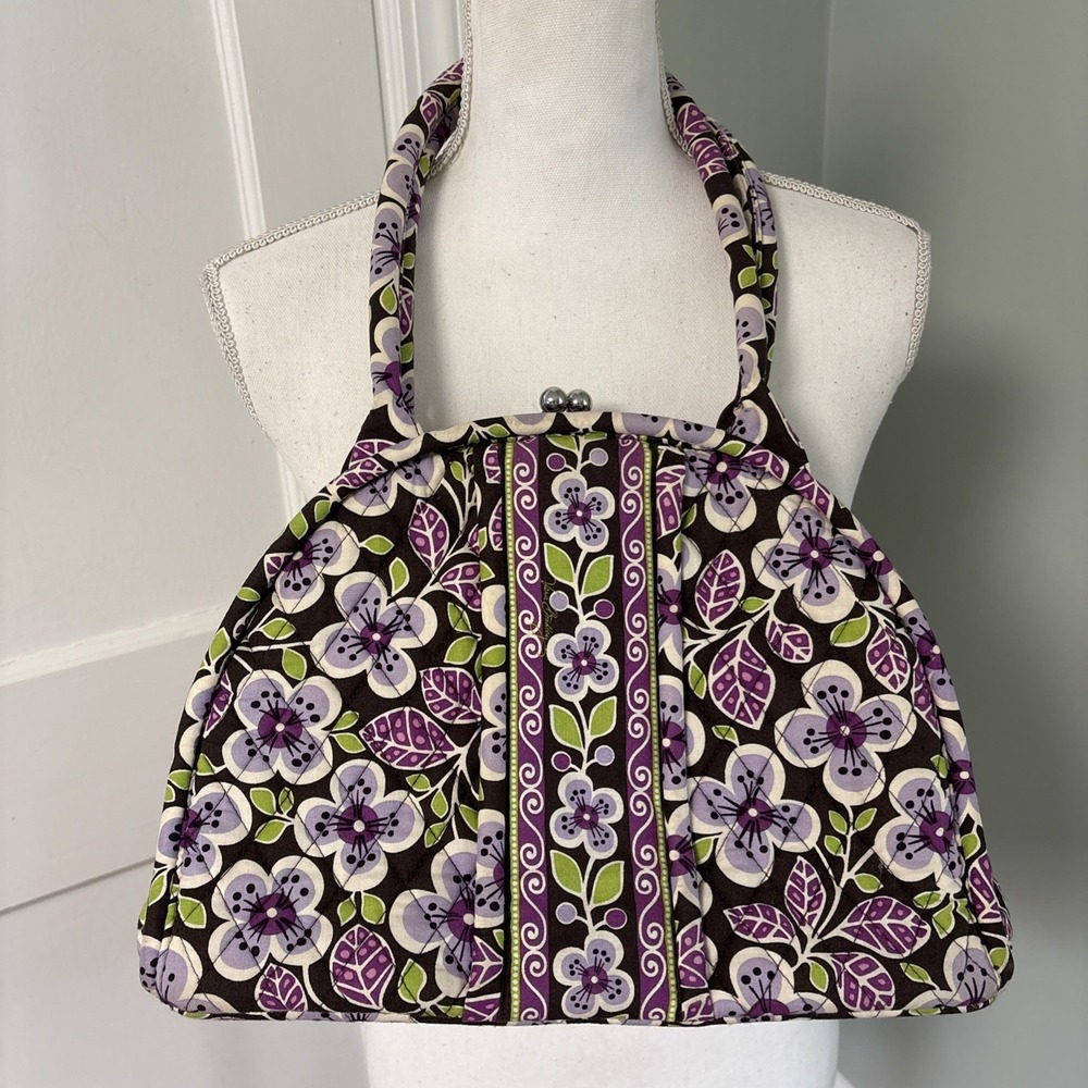 Vera Bradley Eloise Frame Satchel Bag Purse Plum Petals Pattern Snap